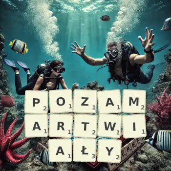 Kreatywna ilustracja do gry w Scrabble ze słowem POZAMARTWIAŁY ułożonym z płytek na planszy.