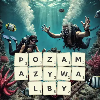 Kreatywna ilustracja do gry w Scrabble ze słowem POZAMAZYWALBY ułożonym z płytek na planszy.