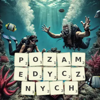 Kreatywna ilustracja do gry w Scrabble ze słowem POZAMEDYCZNYCH ułożonym z płytek na planszy.
