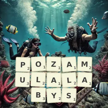 Kreatywna ilustracja do gry w Scrabble ze słowem POZAMULALABYS ułożonym z płytek na planszy.