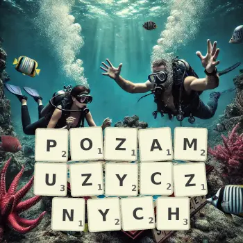 Kreatywna ilustracja do gry w Scrabble ze słowem POZAMUZYCZNYCH ułożonym z płytek na planszy.