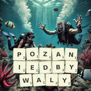 Kreatywna ilustracja do gry w Scrabble ze słowem POZANIEDBYWALY ułożonym z płytek na planszy.