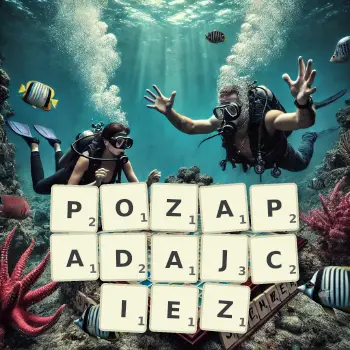 Kreatywna ilustracja do gry w Scrabble ze słowem POZAPADAJCIEZ ułożonym z płytek na planszy.