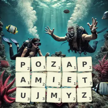 Kreatywna ilustracja do gry w Scrabble ze słowem POZAPAMIETUJMYZ ułożonym z płytek na planszy.