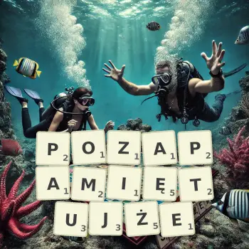 Kreatywna ilustracja do gry w Scrabble ze słowem POZAPAMIĘTUJŻE ułożonym z płytek na planszy.