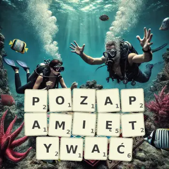 Kreatywna ilustracja do gry w Scrabble ze słowem POZAPAMIĘTYWAĆ ułożonym z płytek na planszy.