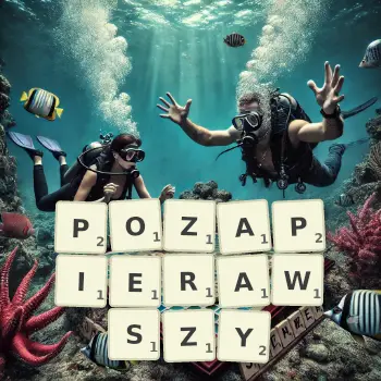 Kreatywna ilustracja do gry w Scrabble ze słowem POZAPIERAWSZY ułożonym z płytek na planszy.