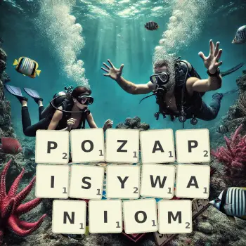 Kreatywna ilustracja do gry w Scrabble ze słowem POZAPISYWANIOM ułożonym z płytek na planszy.