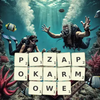 Kreatywna ilustracja do gry w Scrabble ze słowem POZAPOKARMOWE ułożonym z płytek na planszy.
