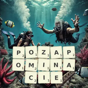 Kreatywna ilustracja do gry w Scrabble ze słowem POZAPOMINACIE ułożonym z płytek na planszy.