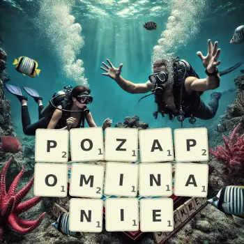 Kreatywna ilustracja do gry w Scrabble ze słowem POZAPOMINANIE ułożonym z płytek na planszy.