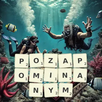 Kreatywna ilustracja do gry w Scrabble ze słowem POZAPOMINANYM ułożonym z płytek na planszy.