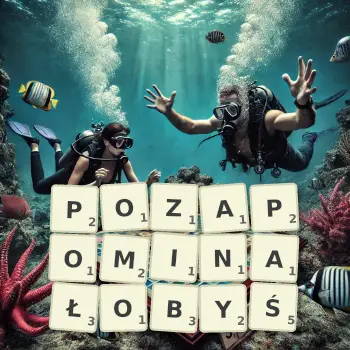 Kreatywna ilustracja do gry w Scrabble ze słowem POZAPOMINAŁOBYŚ ułożonym z płytek na planszy.