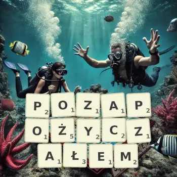 Kreatywna ilustracja do gry w Scrabble ze słowem POZAPOŻYCZAŁEM ułożonym z płytek na planszy.