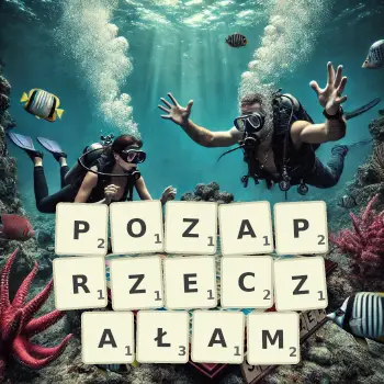 Kreatywna ilustracja do gry w Scrabble ze słowem POZAPRZECZAŁAM ułożonym z płytek na planszy.