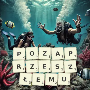 Kreatywna ilustracja do gry w Scrabble ze słowem POZAPRZESZŁEMU ułożonym z płytek na planszy.