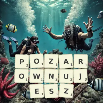 Kreatywna ilustracja do gry w Scrabble ze słowem POZAROWNUJESZ ułożonym z płytek na planszy.