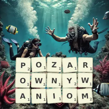 Kreatywna ilustracja do gry w Scrabble ze słowem POZAROWNYWANIOM ułożonym z płytek na planszy.