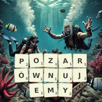 Kreatywna ilustracja do gry w Scrabble ze słowem POZARÓWNUJEMY ułożonym z płytek na planszy.