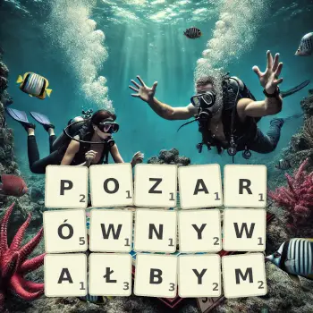 Kreatywna ilustracja do gry w Scrabble ze słowem POZARÓWNYWAŁBYM ułożonym z płytek na planszy.