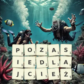 Kreatywna ilustracja do gry w Scrabble ze słowem POZASIEDLAJCIEŻ ułożonym z płytek na planszy.