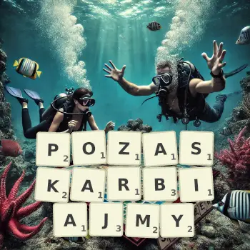 Kreatywna ilustracja do gry w Scrabble ze słowem POZASKARBIAJMY ułożonym z płytek na planszy.