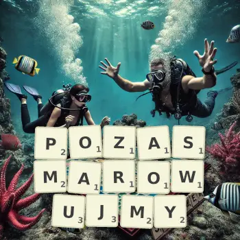 Kreatywna ilustracja do gry w Scrabble ze słowem POZASMAROWUJMY ułożonym z płytek na planszy.