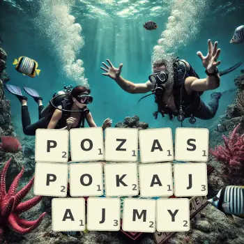 Kreatywna ilustracja do gry w Scrabble ze słowem POZASPOKAJAJMY ułożonym z płytek na planszy.