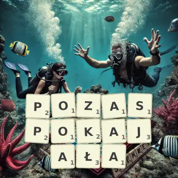 Kreatywna ilustracja do gry w Scrabble ze słowem POZASPOKAJAŁA ułożonym z płytek na planszy.