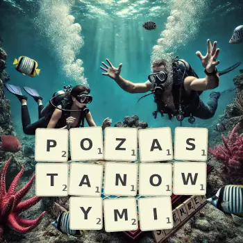 Kreatywna ilustracja do gry w Scrabble ze słowem POZASTANOWYMI ułożonym z płytek na planszy.