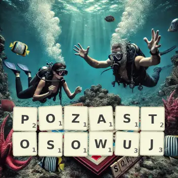 Kreatywna ilustracja do gry w Scrabble ze słowem POZASTOSOWUJ ułożonym z płytek na planszy.