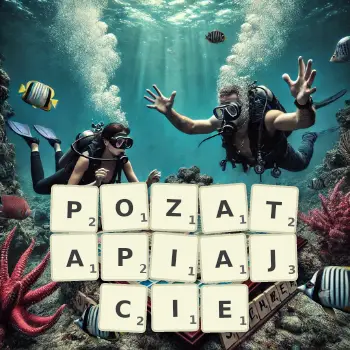 Kreatywna ilustracja do gry w Scrabble ze słowem POZATAPIAJCIE ułożonym z płytek na planszy.