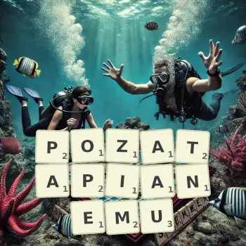 Kreatywna ilustracja do gry w Scrabble ze słowem POZATAPIANEMU ułożonym z płytek na planszy.