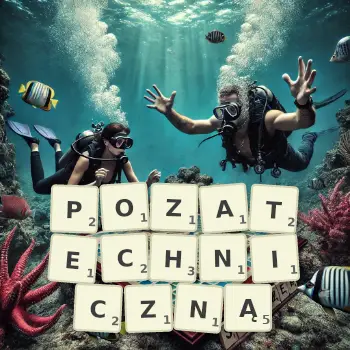 Kreatywna ilustracja do gry w Scrabble ze słowem POZATECHNICZNĄ ułożonym z płytek na planszy.