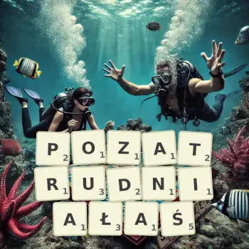 Kreatywna ilustracja do gry w Scrabble ze słowem POZATRUDNIAŁAŚ ułożonym z płytek na planszy.