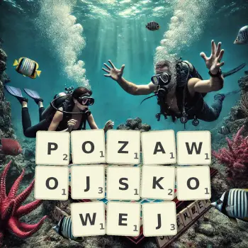 Kreatywna ilustracja do gry w Scrabble ze słowem POZAWOJSKOWEJ ułożonym z płytek na planszy.