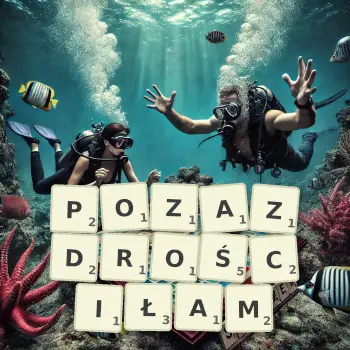 Kreatywna ilustracja do gry w Scrabble ze słowem POZAZDROŚCIŁAM ułożonym z płytek na planszy.