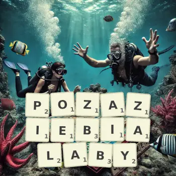 Kreatywna ilustracja do gry w Scrabble ze słowem POZAZIEBIALABY ułożonym z płytek na planszy.
