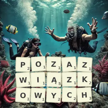 Kreatywna ilustracja do gry w Scrabble ze słowem POZAZWIĄZKOWYCH ułożonym z płytek na planszy.