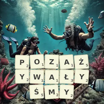 Kreatywna ilustracja do gry w Scrabble ze słowem POZAŻYWAŁYŚMY ułożonym z płytek na planszy.