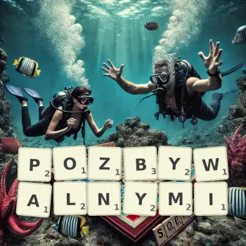 Kreatywna ilustracja do gry w Scrabble ze słowem POZBYWALNYMI ułożonym z płytek na planszy.