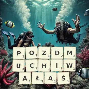 Kreatywna ilustracja do gry w Scrabble ze słowem POZDMUCHIWAŁAŚ ułożonym z płytek na planszy.