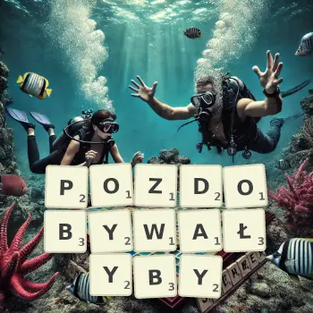 Kreatywna ilustracja do gry w Scrabble ze słowem POZDOBYWAŁYBY ułożonym z płytek na planszy.