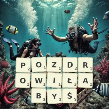 Kreatywna ilustracja do gry w Scrabble ze słowem POZDROWIŁABYŚ ułożonym z płytek na planszy.