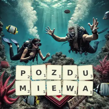 Kreatywna ilustracja do gry w Scrabble ze słowem POZDUMIEWA ułożonym z płytek na planszy.