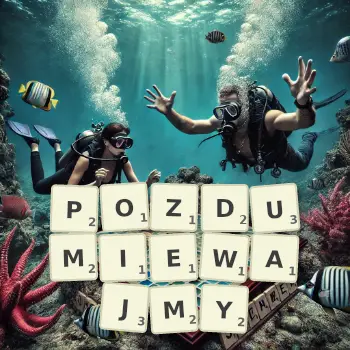 Kreatywna ilustracja do gry w Scrabble ze słowem POZDUMIEWAJMY ułożonym z płytek na planszy.