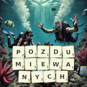 Kreatywna ilustracja do gry w Scrabble ze słowem POZDUMIEWANYCH ułożonym z płytek na planszy.