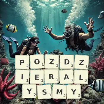 Kreatywna ilustracja do gry w Scrabble ze słowem POZDZIERALYSMY ułożonym z płytek na planszy.