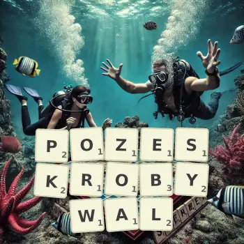 Kreatywna ilustracja do gry w Scrabble ze słowem POZESKROBYWAL ułożonym z płytek na planszy.