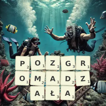 Kreatywna ilustracja do gry w Scrabble ze słowem POZGROMADZAŁA ułożonym z płytek na planszy.
